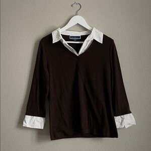 Karen Scott Chocolate Brown Top with White Details